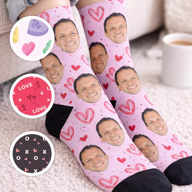 A featured product shot of custom-designed socks showcasing Valentine's Day-themed patterns and colors.