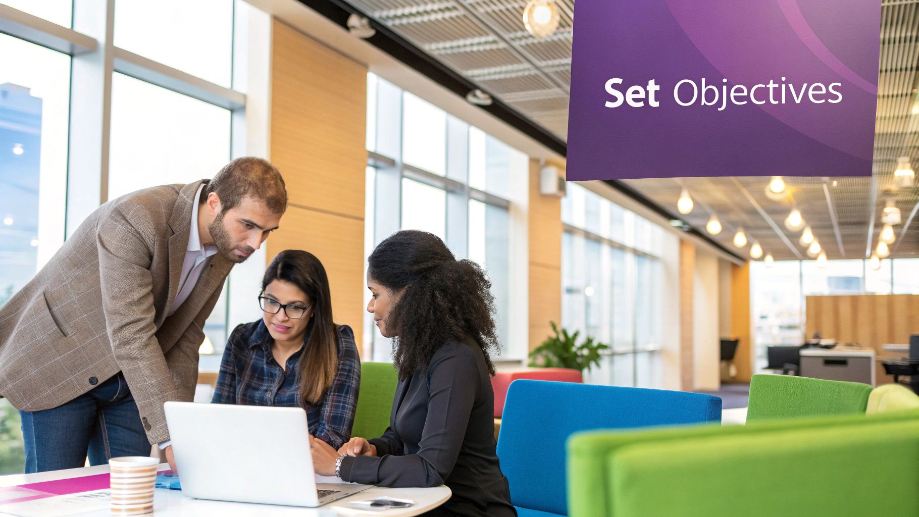 A group of professionals collaborating and planning a corporate event around a table with laptops and documents.