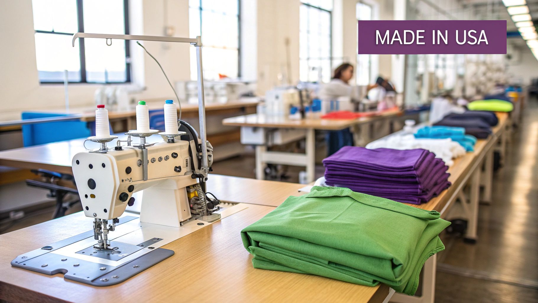 A worker operating a sewing machine in a US apparel manufacturing facility, showcasing the domestic production process.