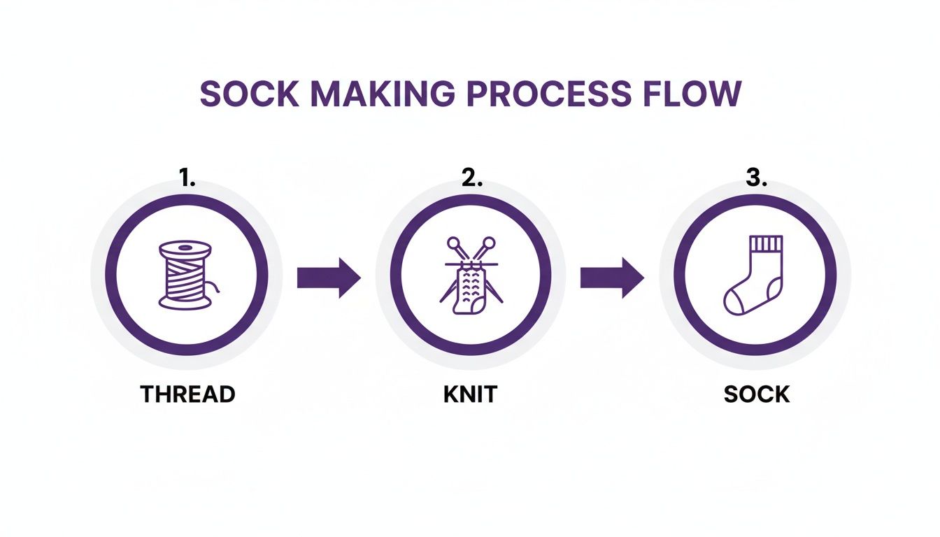 A diagram illustrating the sock making process: thread leads to knitting, resulting in a finished sock.