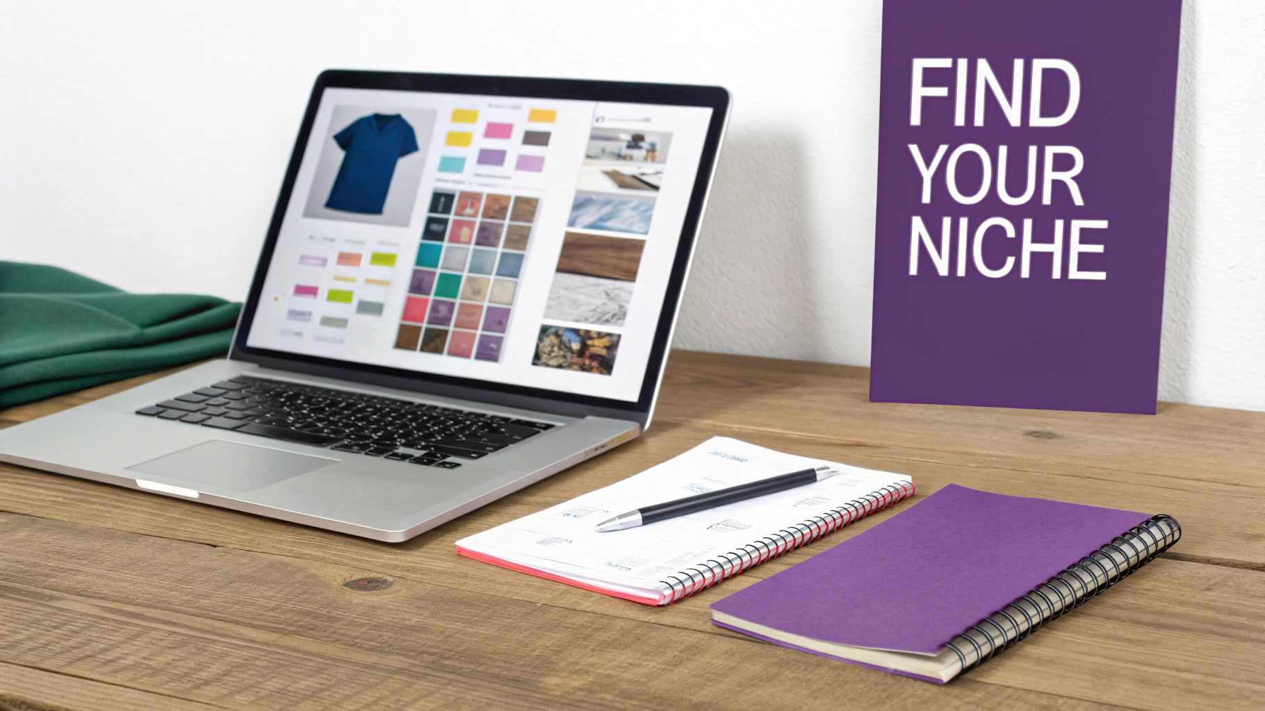 Workspace with a laptop open to clothing design software, a 'FIND YOUR NICHE' sign, and notebooks.