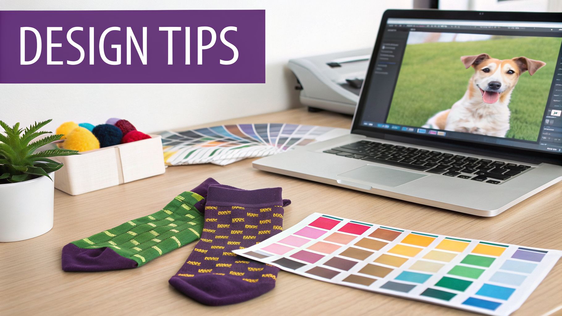 A creative design desk setup with a laptop showing a happy dog, color swatches, and custom socks, illustrating design tips.