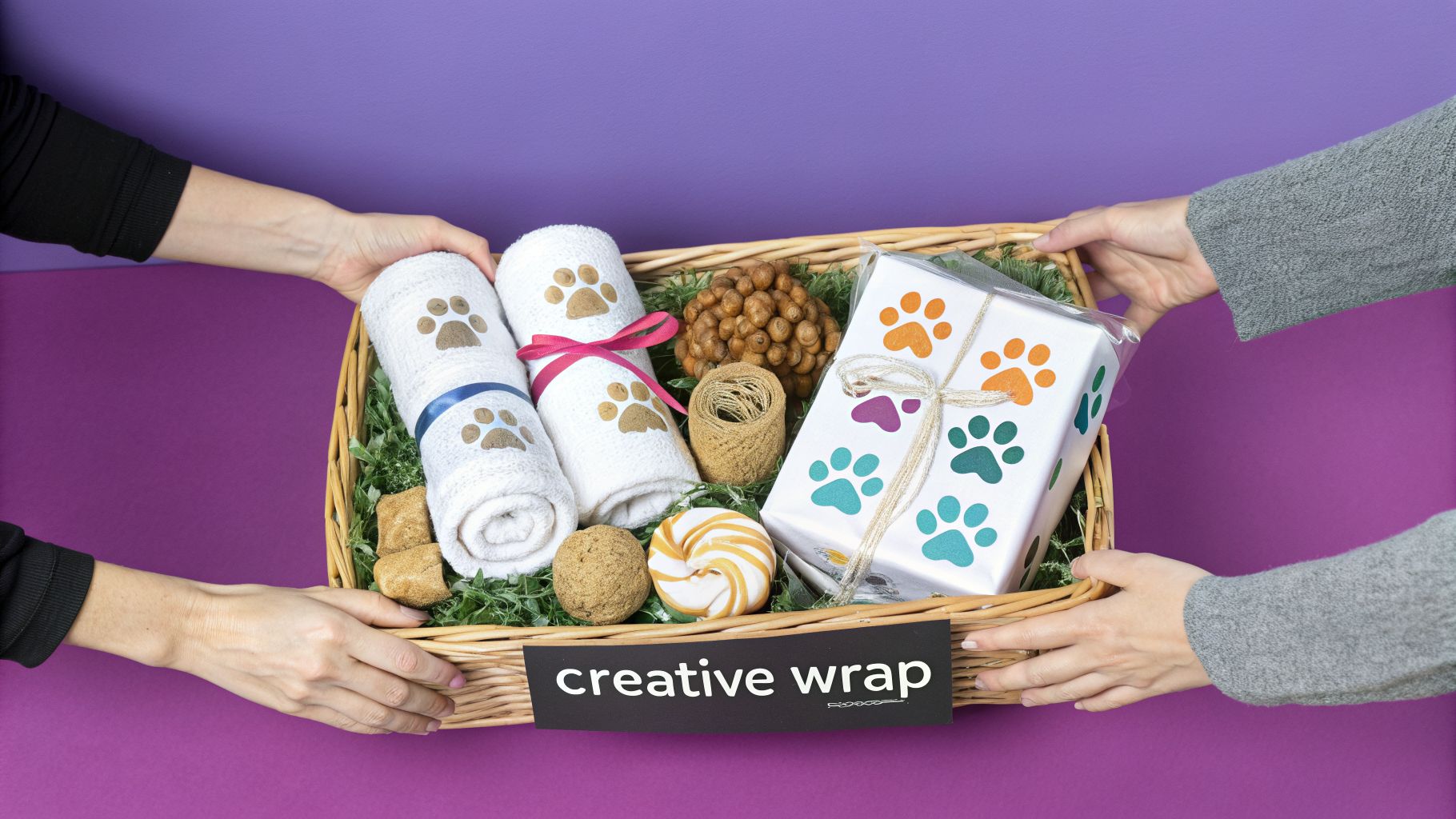 Hands exchanging a pet-themed gift basket containing paw-print towels and a decorative wrapped box.