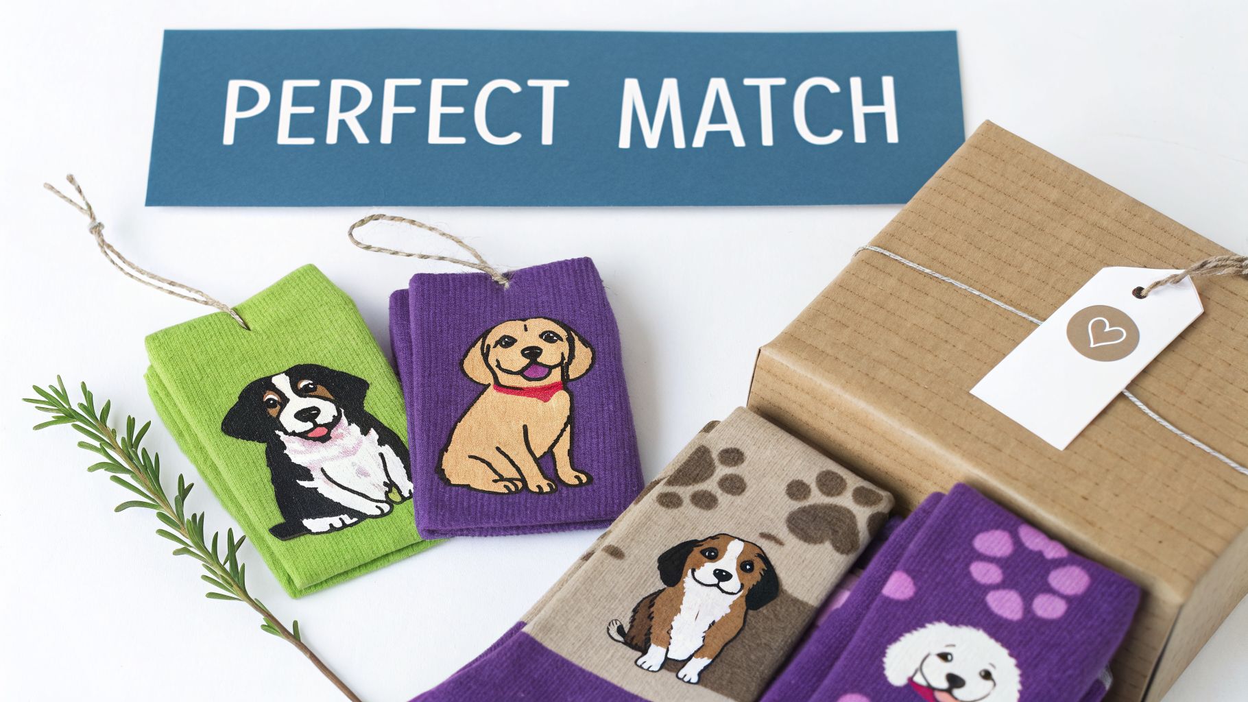 Colorful dog-themed socks featuring various puppy breeds, a gift box, and a 'Perfect Match' sign.