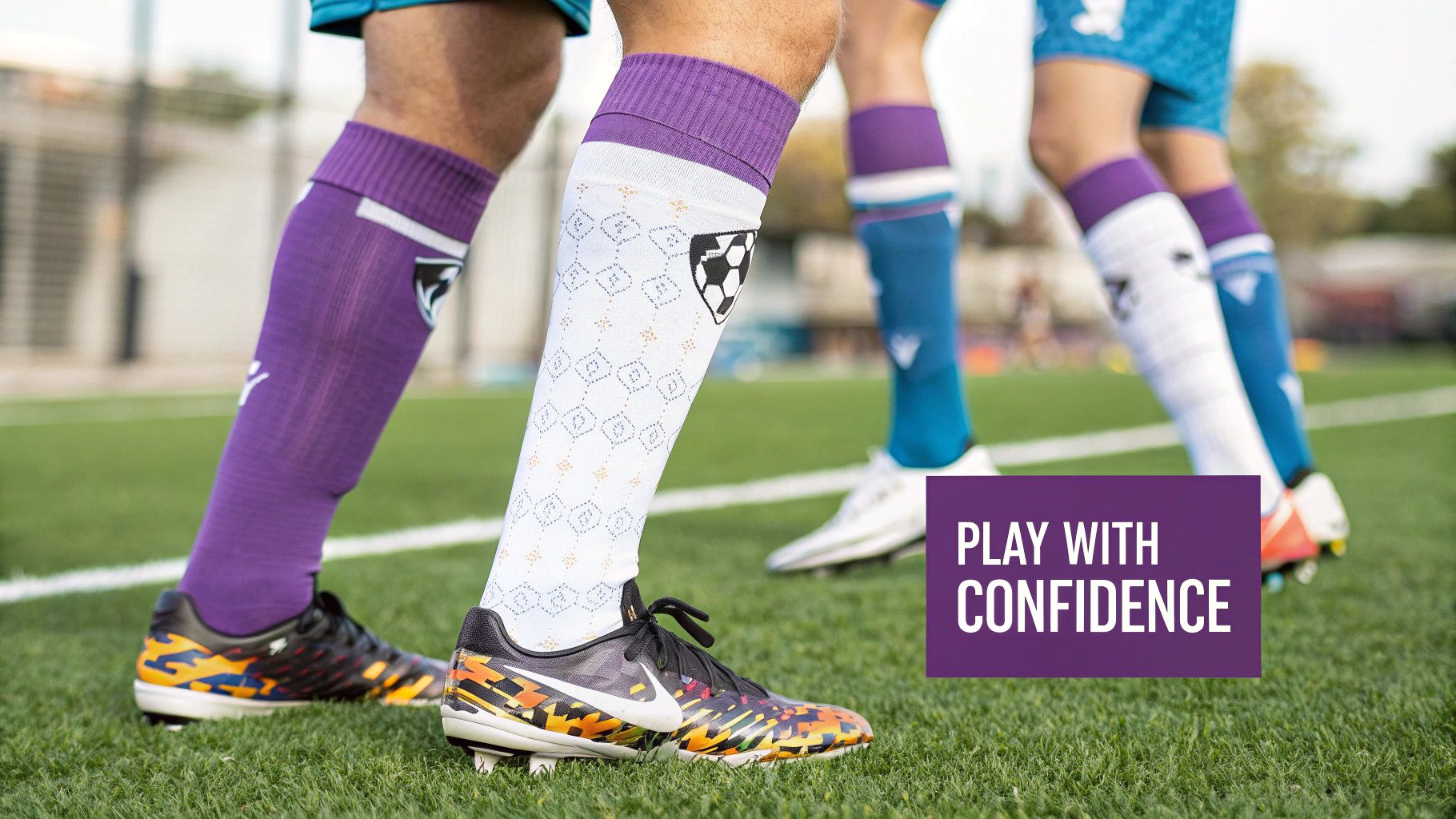 Soccer players showcase vibrant, patterned socks and colorful cleats on a green artificial turf field.
