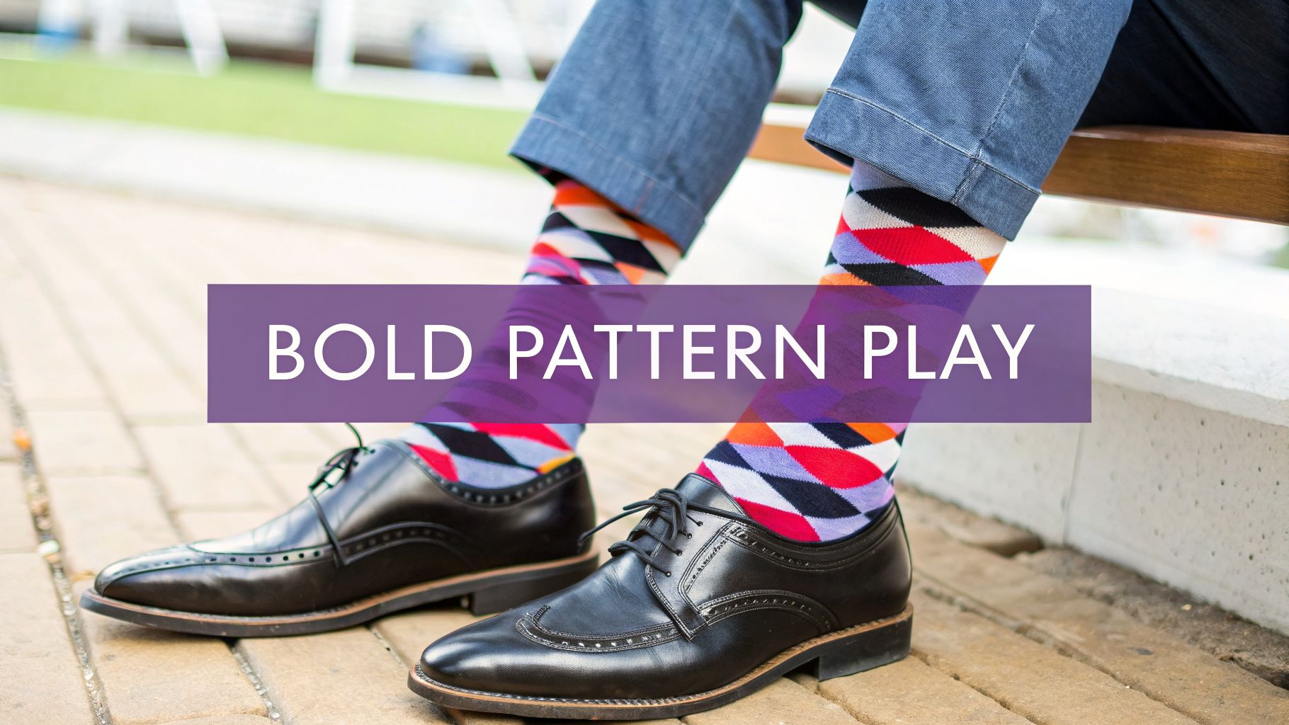 A person's feet wearing black dress shoes, blue jeans, and colorful argyle pattern socks.