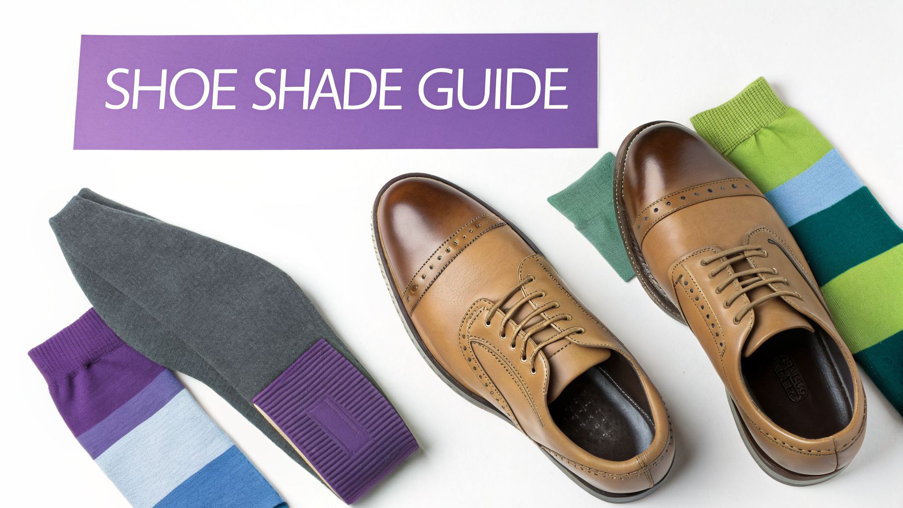 Two pairs of brown leather dress shoes with various colorful socks and a 'SHOE SHADE GUIDE' banner.